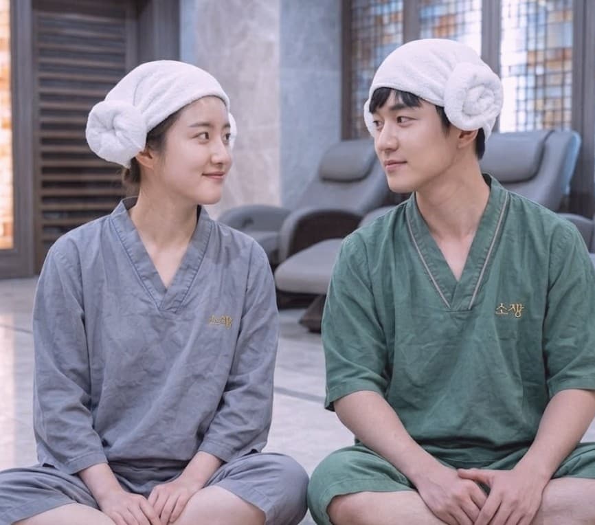 Couple in jjimjilbang sauna clothes